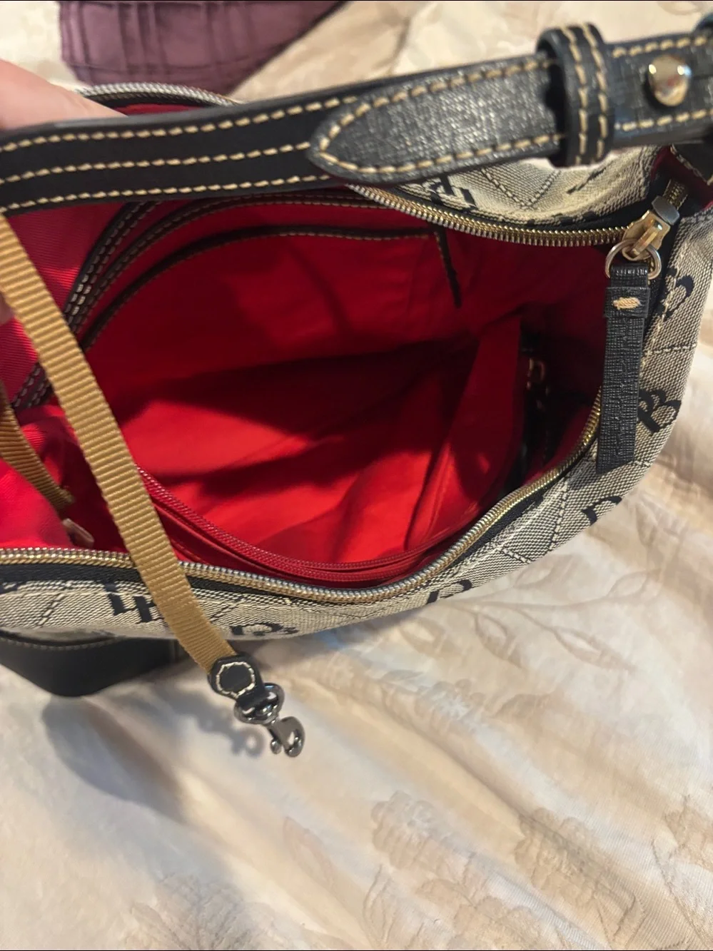 Dooney & Bourke Beige Monogram Hobo with Black Trim